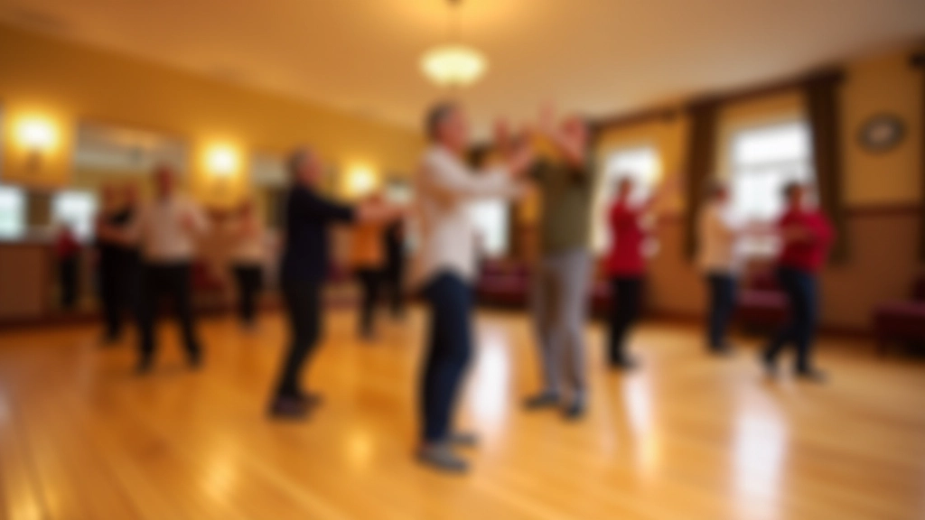 Bright community center hall with wooden sprung flooring, large mirrors along one wall, and groups of seniors in casual dance clothing stretching
