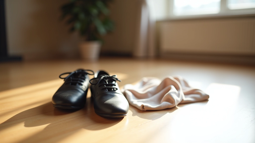 Close-up of dance shoes and comfortable clothing laid out on a wooden floor