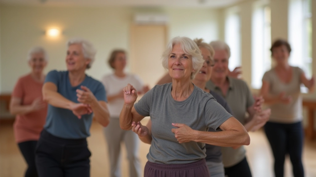Group of seniors in a dance class showing varied flexibility and movement quality, smiling and engaged