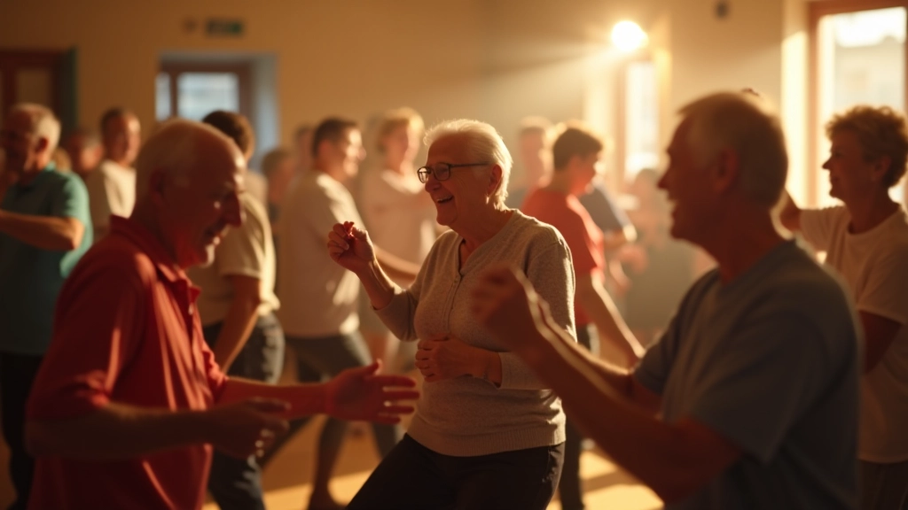 Senior adults enjoying partner dancing together in a community setting
