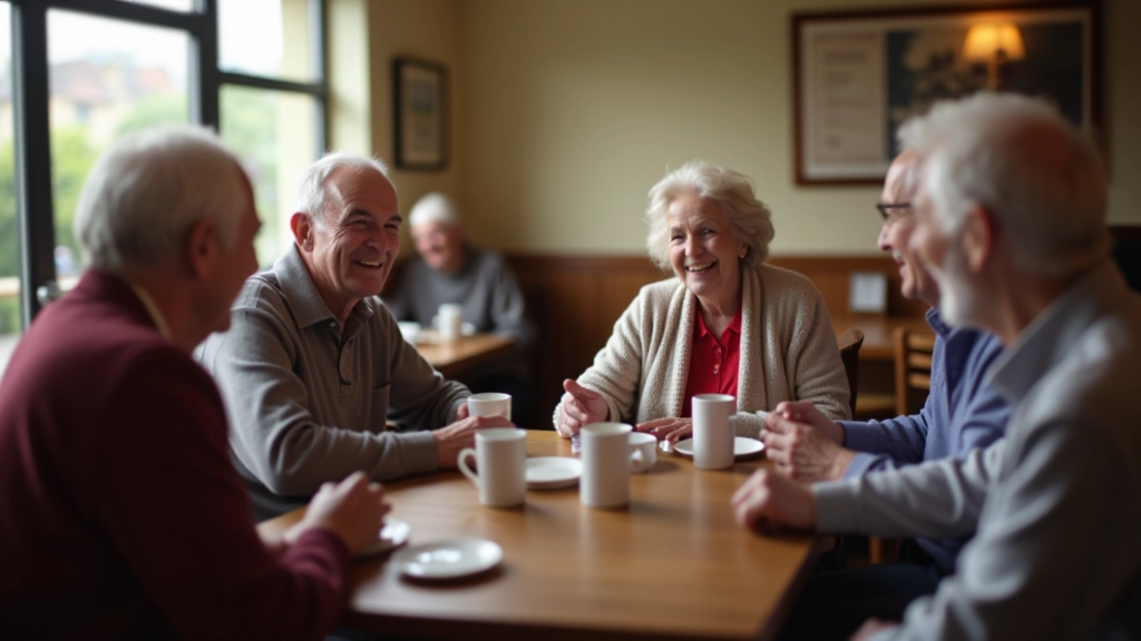 Group of seniors socializing in a café setting with coffee cups, smiling and engaged in conversation, warm ambient lighting