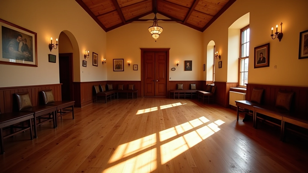Traditional Irish parish hall with wooden dance floor and warm community atmosphere