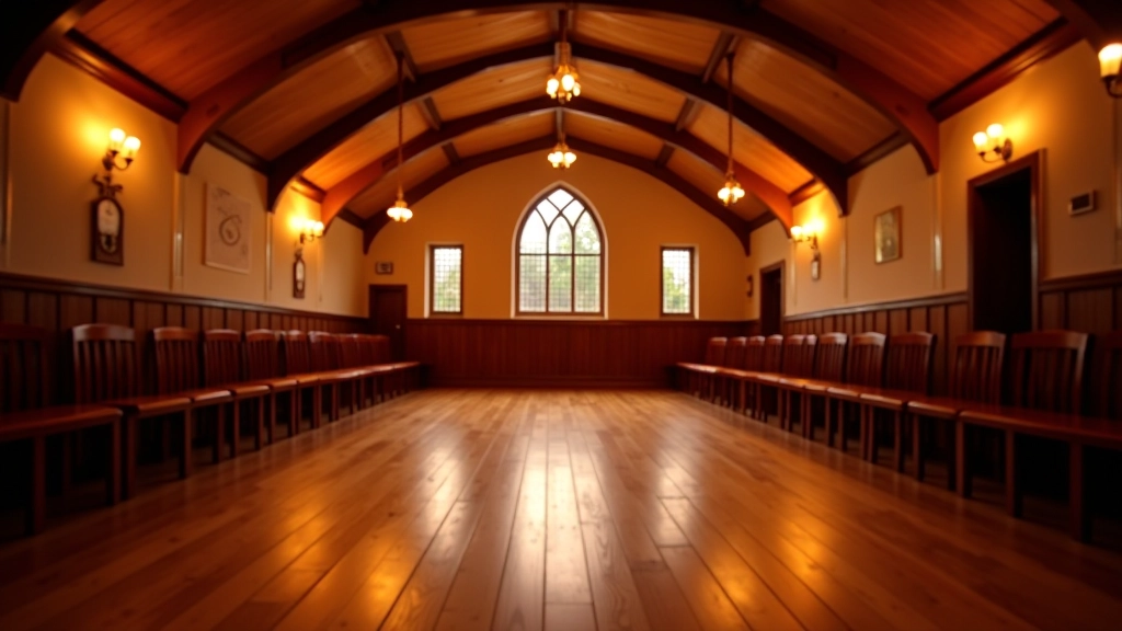 Interior of a parish hall with wooden dance floor, vintage wooden chairs, and warm overhead lighting creating an intimate dance venue atmosphere