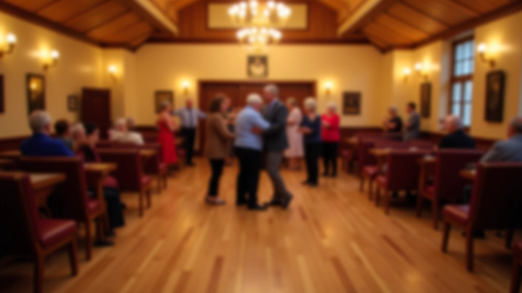 Parish hall interior decorated for a dance evening with chairs along the sides and wooden dance floor