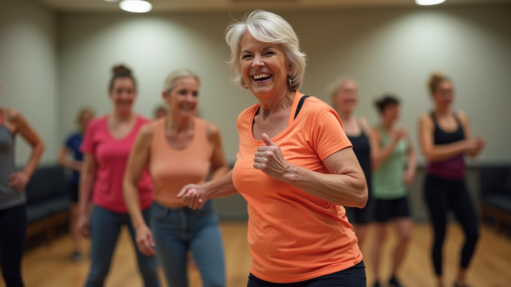 Active senior woman in fitness attire during a dance class, smiling and moving with energy