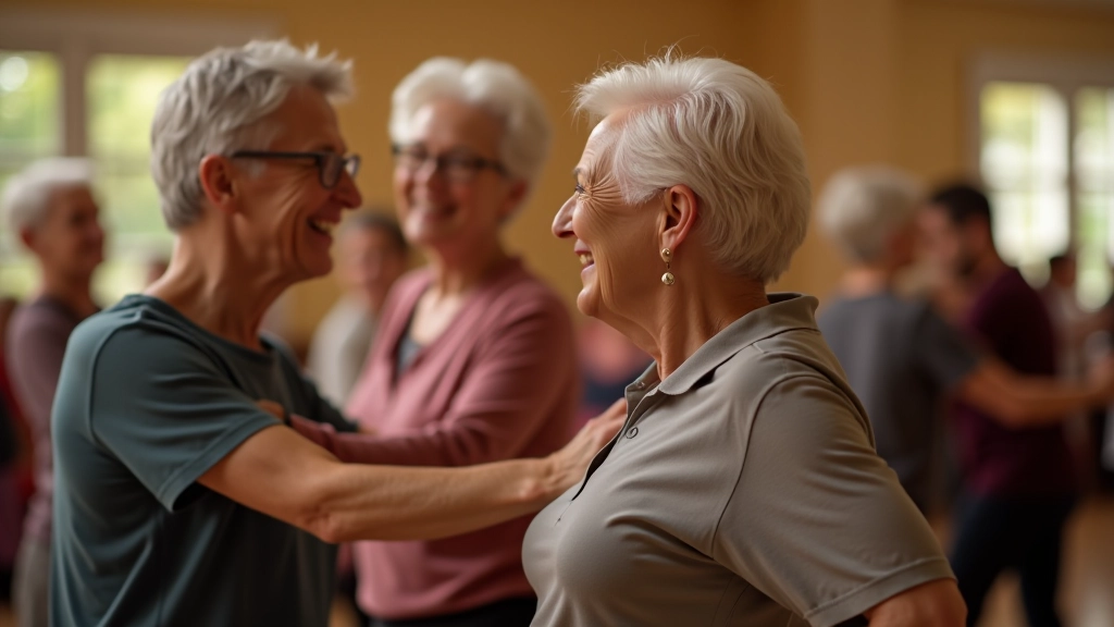 Group of seniors laughing and dancing together in a circle during a Latin dance workshop