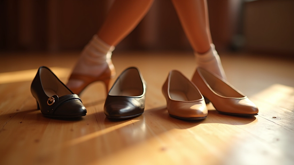 Close-up of dance shoes lined up on wooden floor, various styles including Latin dance heels and soft dance shoes, warm studio lighting